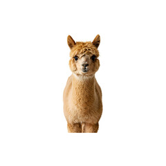 Obraz premium Cute brown alpaca or llama standing calmly and facing forward on white background