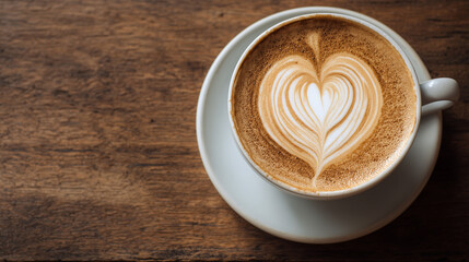 A close-up shot of a white coffee cup featuring heart-shaped latte art on a wooden table.

