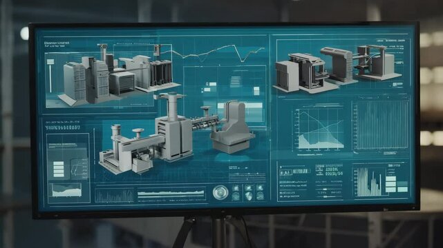 Large Monitor Displaying Industrial Manufacturing Process Diagrams, Data, and Charts in a Modern Office Environment