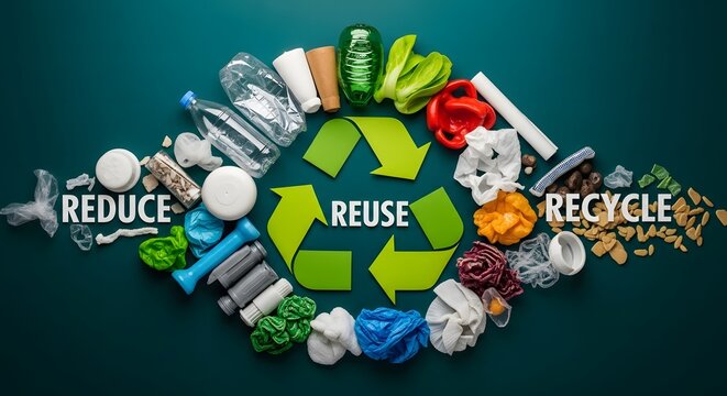 Reduce, Reuse, Recycle concept with plastic bottles, food waste, and green arrows on dark teal background