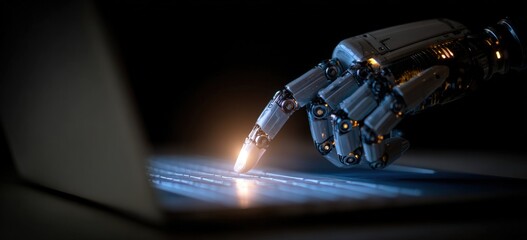 Robotic hand interacts with a glowing laptop keyboard showcasing technological advancement and artificial intelligence
