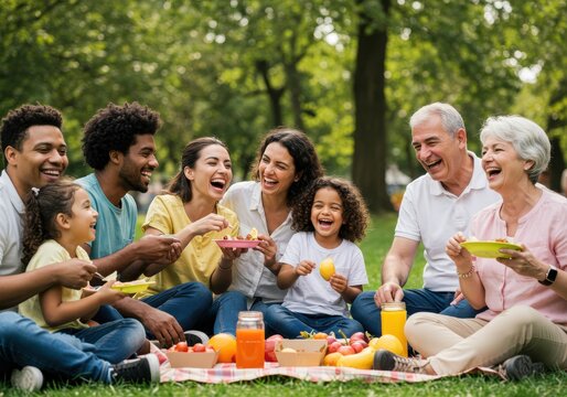 A joyful, multi-generational family with diverse ethnicities and abilities having a vibrant picnic in a public park. They are laughing, sharing food, and playing together. The shot is candid