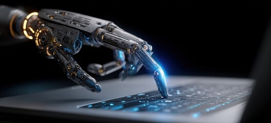 Robotic Hand Using Laptop Keyboard Futuristic Technology Innovation AI Automation Digital Future