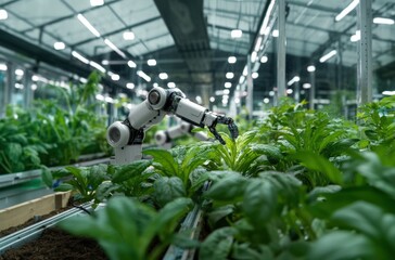Robotic Arm Tending to Lush Green Plants in Modern Greenhouse Agriculture Technology