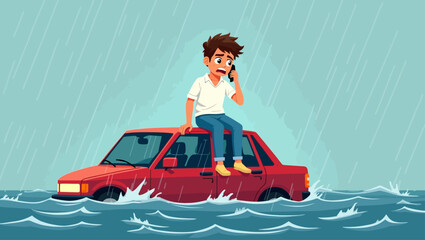 Man stranded on a red car during heavy flood, talking on phone for help, depicting a natural disaster emergency scene.