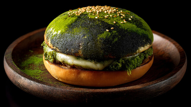 Unique green matcha burger on wooden plate with sesame seeds  