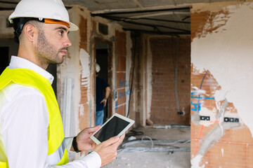Engineer in a safety helmet uses a tablet to oversee construction work at a busy site, ensuring...