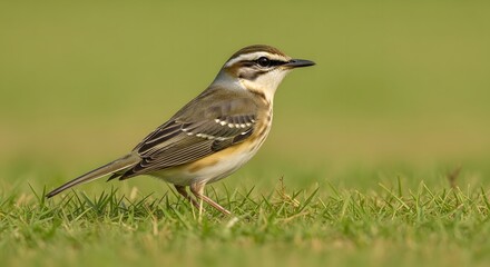 Fototapeta premium Striated Grassbird Standing on Green Grass with Detailed Feather Patterns