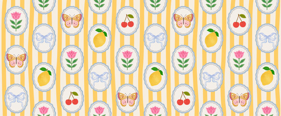 Italian seamless vector  pattern with butterfly, lemon, flower, cherriy, bow, cameo, in vintage frame. Yellow stripes make it perfect for fabric, floral postage stamp, wrapping, and spring