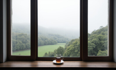 Side View of a Foggy Countryside Window with a Glass of Tea on the Sill