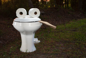 Funny photo of a plastic toilet from a camper trailer in a forest