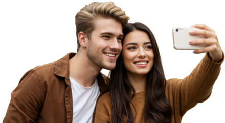 Attractive couple taking selfie together with smartphone smiling and having fun outdoors in brown clothes