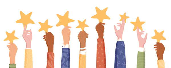 Customer hands holding five stars in creative cartoon graphic style. Positive feedback and review show satisfaction and quality. Clients rate service survey, modern layout for business concept.