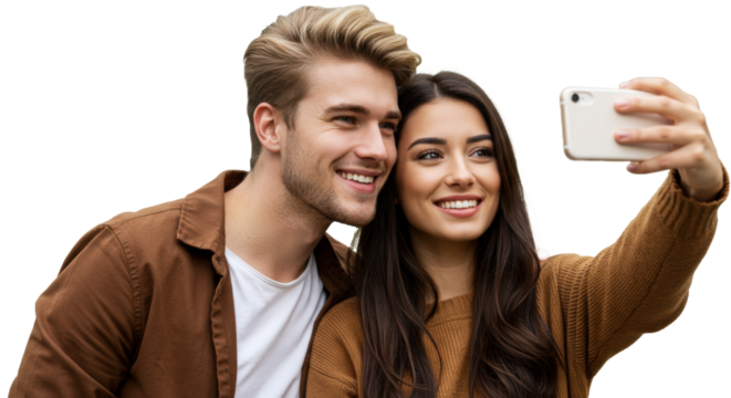 Attractive couple taking selfie together with smartphone smiling and having fun outdoors in brown clothes