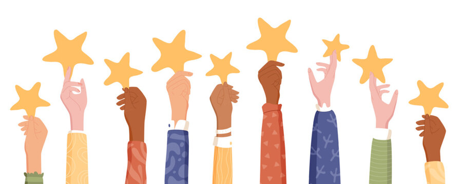 Customer hands holding five stars in creative cartoon graphic style. Positive feedback and review show satisfaction and quality. Clients rate service survey, modern layout for business concept.