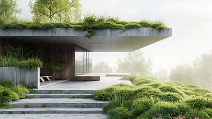 Architectural marvel: Modern house seamlessly integrated with lush green landscape in harmony - Powered by Adobe