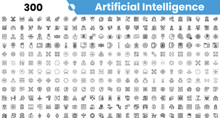 A diverse collection of icons representing artificial intelligence concepts, showcasing intricate designs in black and white.
