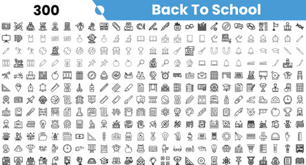 A diverse collection of black and white icons representing back-to-school themes, including education, stationery, and classroom activities.