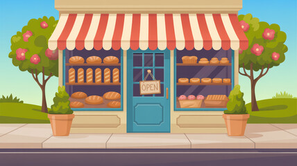 Naklejka premium Bakery storefront with fresh bread, pastries, 'Open' sign, and flowering trees. 