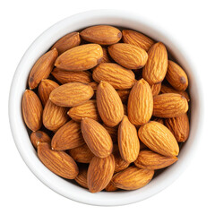 Fototapeta premium Top view of almonds in cup isolated on transparent background, object, cut out