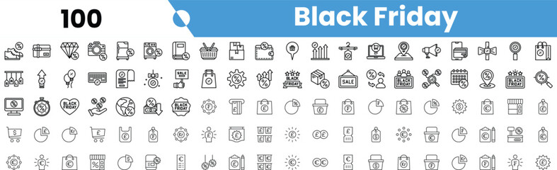 A collection of Black Friday icons featuring shopping, sales, and time-related themes.