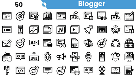 A diverse collection of minimalist icons representing various blogging activities and digital content creation.