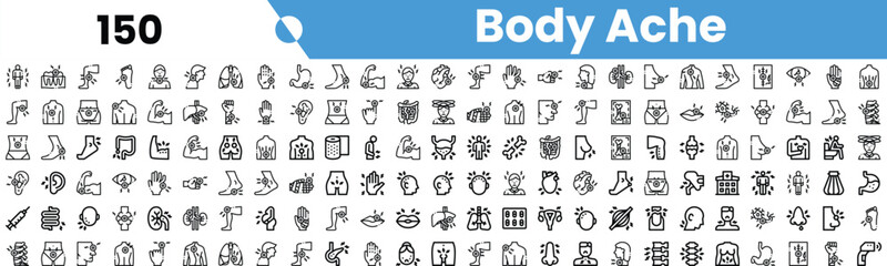 A collection of monochrome icons representing various body aches and health-related concepts.