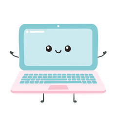 A charming cartoon laptop, exuding joy with its friendly face and outstretched arms. It embodies the essence of modern technology with a touch of whimsy