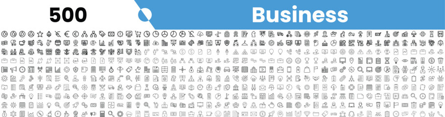 A comprehensive collection of business icons displayed in a grid, showcasing diverse categories and monochromatic designs.