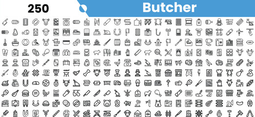 A diverse collection of butcher-related icons in black and white, perfect for culinary themes and kitchen designs.