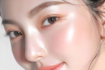 目元・眉・頬の質感が際立つ自然光風クローズアップ、クリニックや皮膚科向けビジュアルに最適