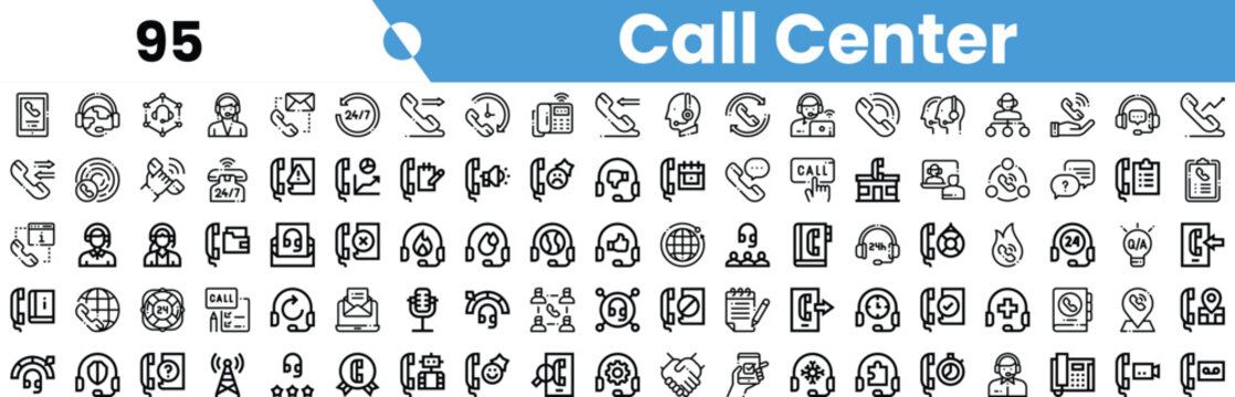 A collection of call center icons showcasing various elements of customer service, communication, and support.
