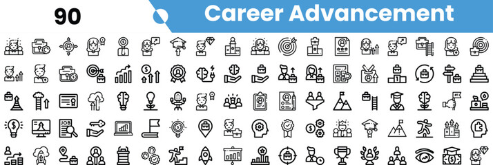 A diverse collection of icons representing career advancement concepts in a modern, monochrome style.