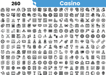 A collection of black and white casino-themed icons featuring various gaming elements, symbolizing excitement and entertainment.
