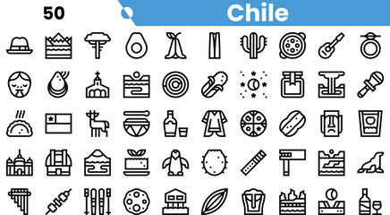 A diverse collection of icons representing Chilean culture, including traditional food, landscapes, and symbols.