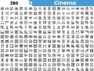A diverse collection of cinema-themed icons, featuring black and white designs that represent various film-related concepts and elements.