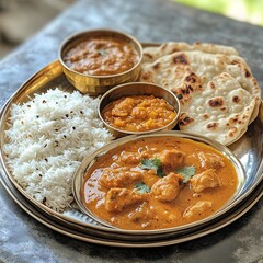 Close up of an Indian thali with butter chicken, dal, and naan, brass bowls, chaos 35, 16:9. (198)