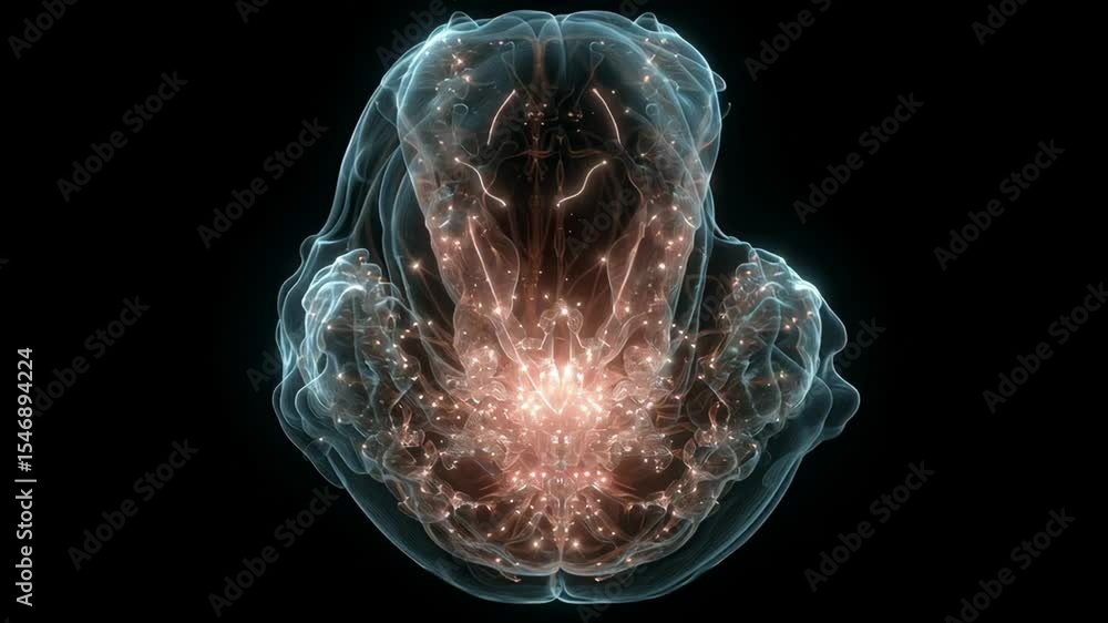 Poster neural network visualization featuring glowing brain with pulsating interconnected energy streams, r