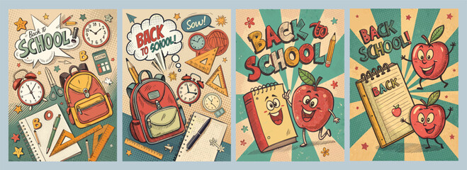 Obraz premium Vibrant Back to School Illustrations Featuring Cheerful Characters School Supplies and Clocks Perfect for Promoting Educational Events and Engaging Poster Designs