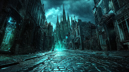 Eerie, gothic cityscape at night, shadowy figure in cobblestone street, ominous cathedral looming.