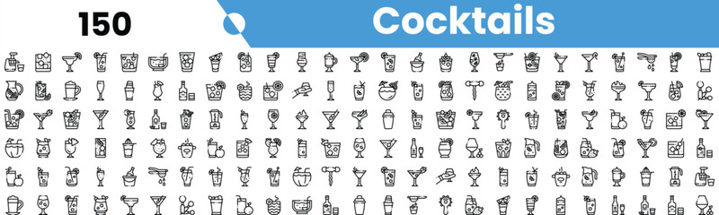 A comprehensive collection of cocktail icons in a minimalist black and white style, perfect for design projects.
