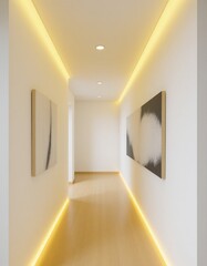 Fototapeta premium Modern narrow hallway decor in apartment with yellow lighting and abstract wall art
