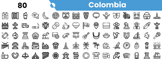 A vibrant collection of iconic symbols representing Colombia, featuring food, landmarks, and cultural elements in a cohesive design.