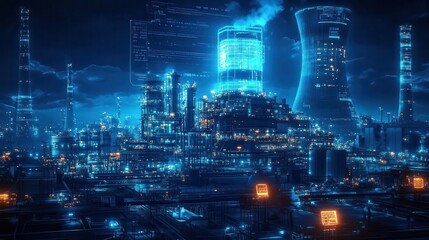 Obraz premium Nuclear power plant with augmented reality displays, detailed environment, blue neon tones, scifi feel