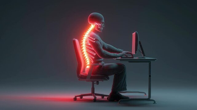 Gradual postural deterioration leading to back discomfort for professional sitting at workstation, demonstrating potential ergonomic challenges affecting spinal health and workplace wellness