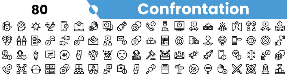 A collection of confrontation-themed icons, featuring diverse symbols relating to conflict, discussion, and communication.