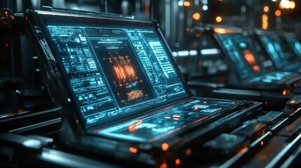 Quality control AI scanning products on conveyor belt, dark tones, glowing holograms, scifi style