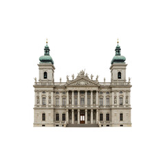 Fototapeta premium Historic White Cathedral with Towers and Architectural Details on White