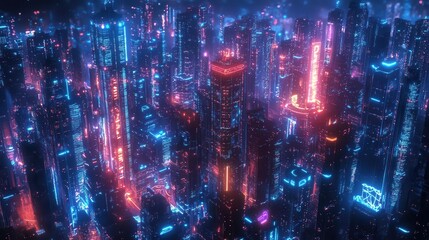 Fototapeta premium Smart city concept with holographic AR displays, modern skyscrapers, neon blue highlights, ultrarealistic