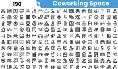 A collection of monochrome icons representing various elements of a coworking space, showcasing teamwork, creativity, and productivity.
